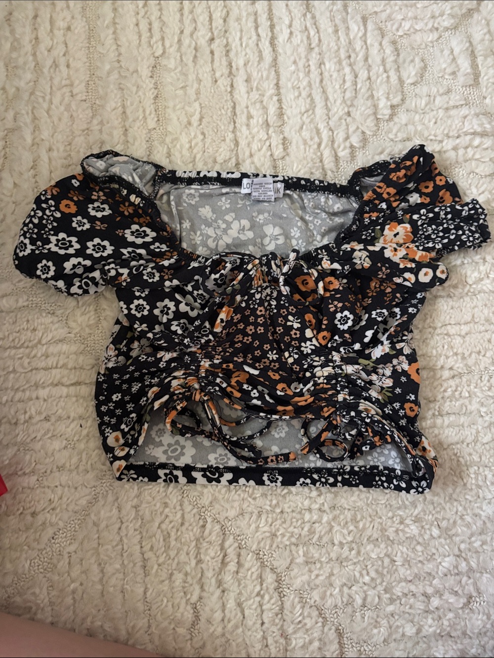 LOFT Black Floral Ruched Crop Top with Orange Accents